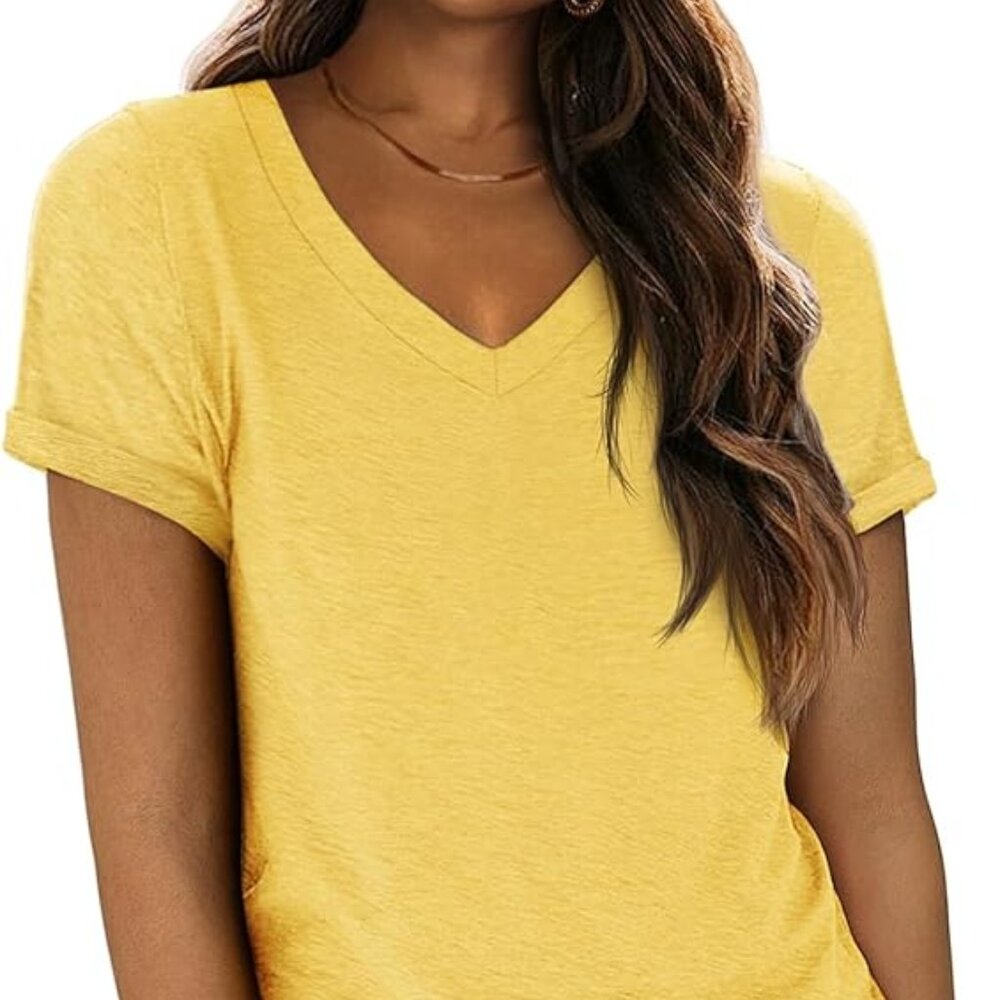 Yellow V-Neck Short Sleeve Tee |‎ Lightweight Casual Everyday Top